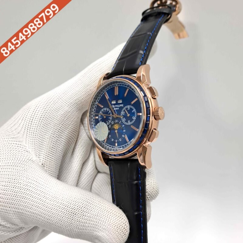 Patek Philippe Grand Complications Rose Gold Blue Dial Black Leather Swiss Automatic Watch - Image 2