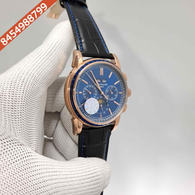 Patek Philippe Grand Complications Rose Gold Blue Dial Black Leather Swiss Automatic Watch - Image 3