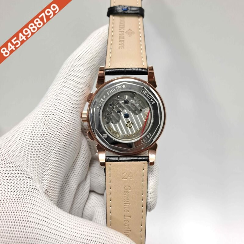 Patek Philippe Grand Complications Rose Gold Blue Dial Black Leather Swiss Automatic Watch - Image 4