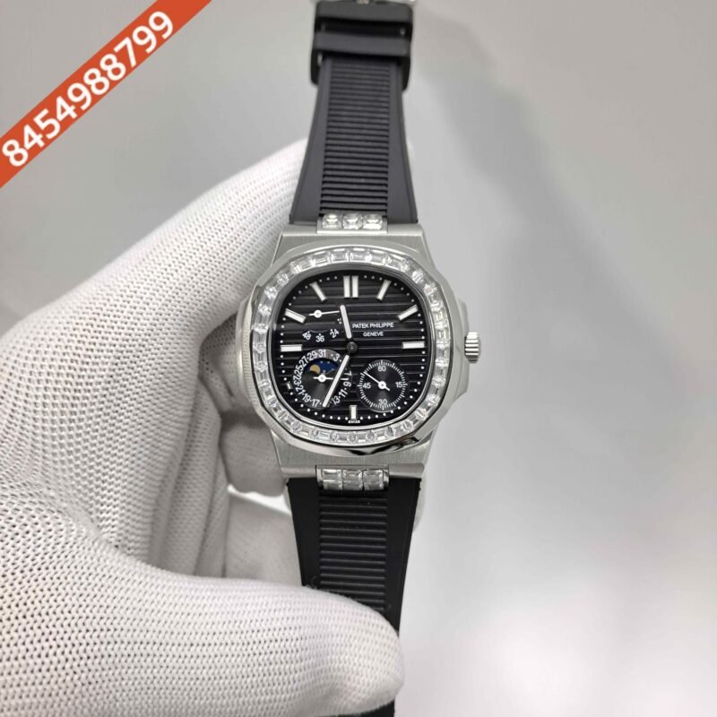 Patek Philippe Nautilus Moon Phase Diamond Baguette Black Dial Black Rubber Strap Swiss Automatic Watch