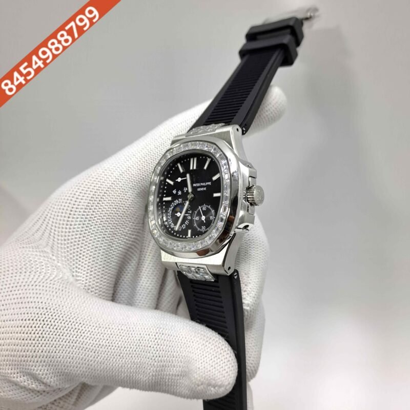 Patek Philippe Nautilus Moon Phase Diamond Baguette Black Dial Black Rubber Strap Swiss Automatic Watch - Image 2