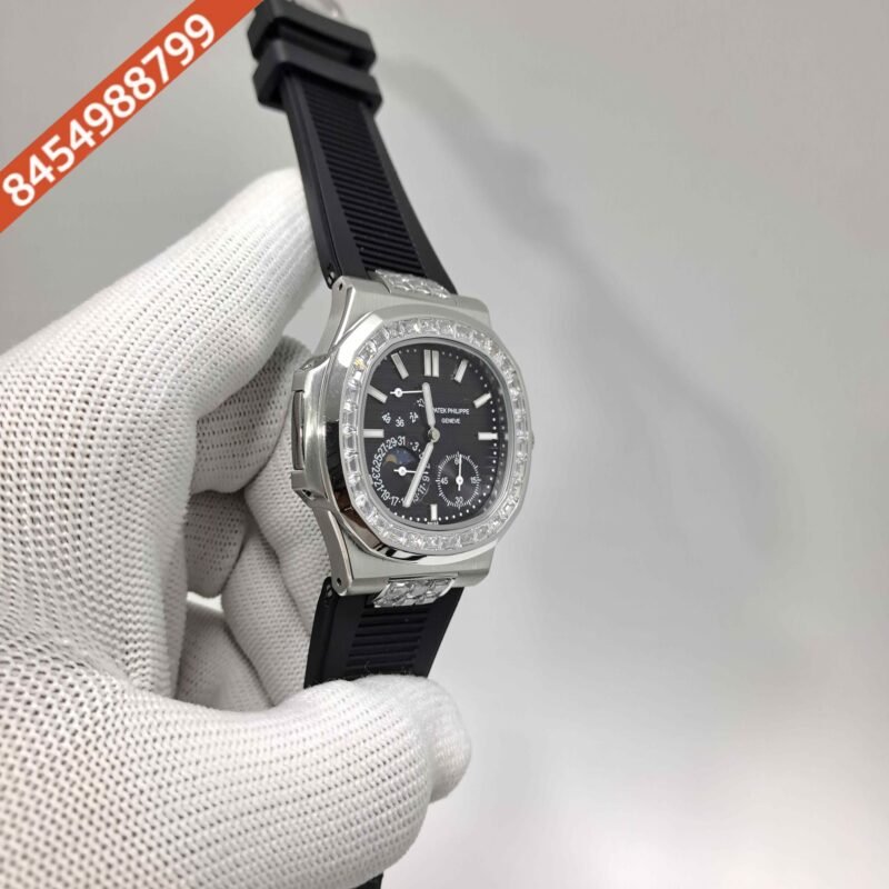 Patek Philippe Nautilus Moon Phase Diamond Baguette Black Dial Black Rubber Strap Swiss Automatic Watch - Image 3