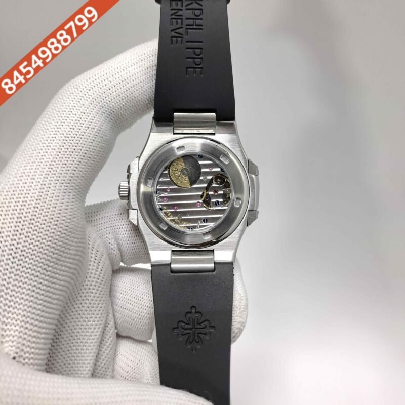 Patek Philippe Nautilus Moon Phase Diamond Baguette Black Dial Black Rubber Strap Swiss Automatic Watch - Image 4