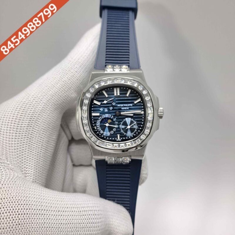 Patek Philippe Nautilus Moon Phase Diamond Baguette Blue Dial Blue Rubber Strap Swiss Automatic Watch