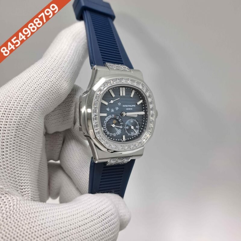 Patek Philippe Nautilus Moon Phase Diamond Baguette Blue Dial Blue Rubber Strap Swiss Automatic Watch - Image 3