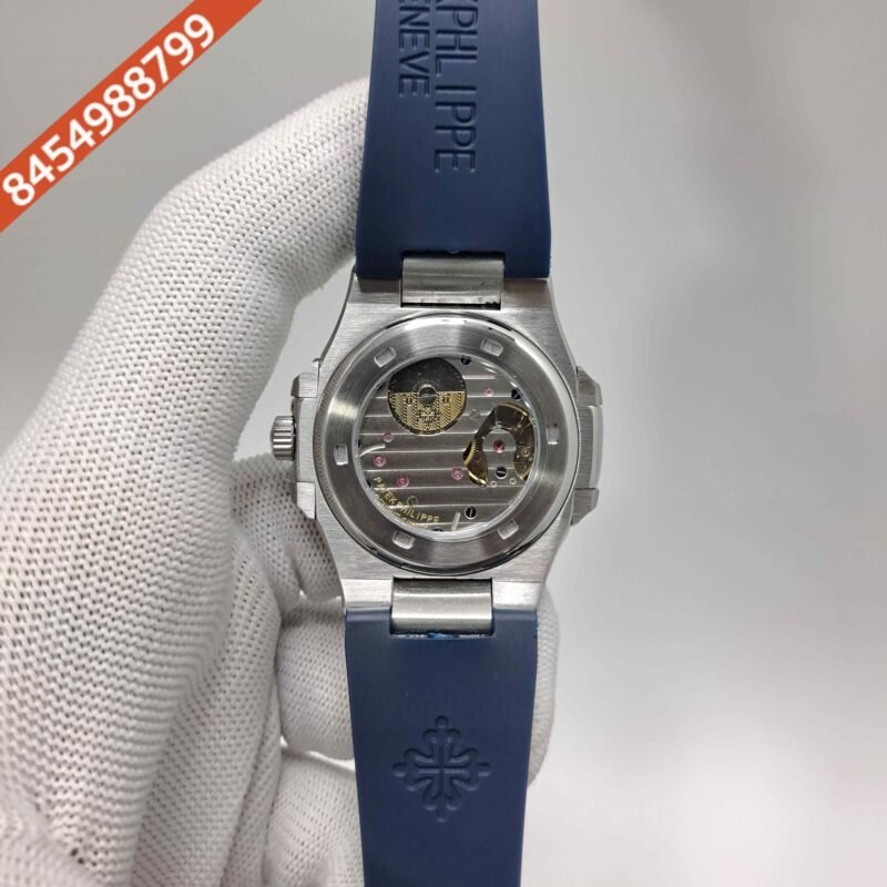 Patek Philippe Nautilus Moon Phase Diamond Baguette Blue Dial Blue Rubber Strap Swiss Automatic Watch - Image 4