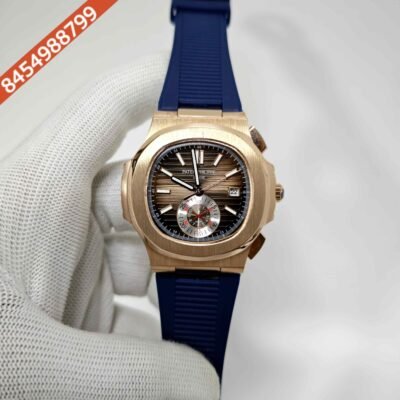 Patek Philippe Nautilus Polished Gold Brown Dial Blue Rubber Strap Swiss Automatic Watch