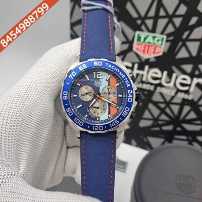 Tag Heuer Chronograph Formula 1 Gulf Special Edition Blue Dial Blue Leather Strap Store Quality Swiss Automatic Watch
