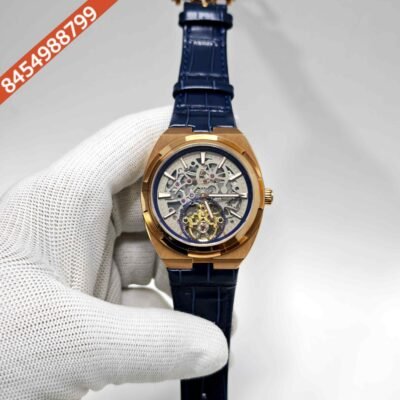 Vacheron Constantin Overseas Tourbillon Rose Gold Grey Skeleton Dial Blue Leather Strap Swiss Automatic Watch