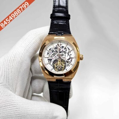 Vacheron Constantin Overseas Tourbillon Rose Gold White Skeleton Dial Black Leather Strap Swiss Automatic Watch