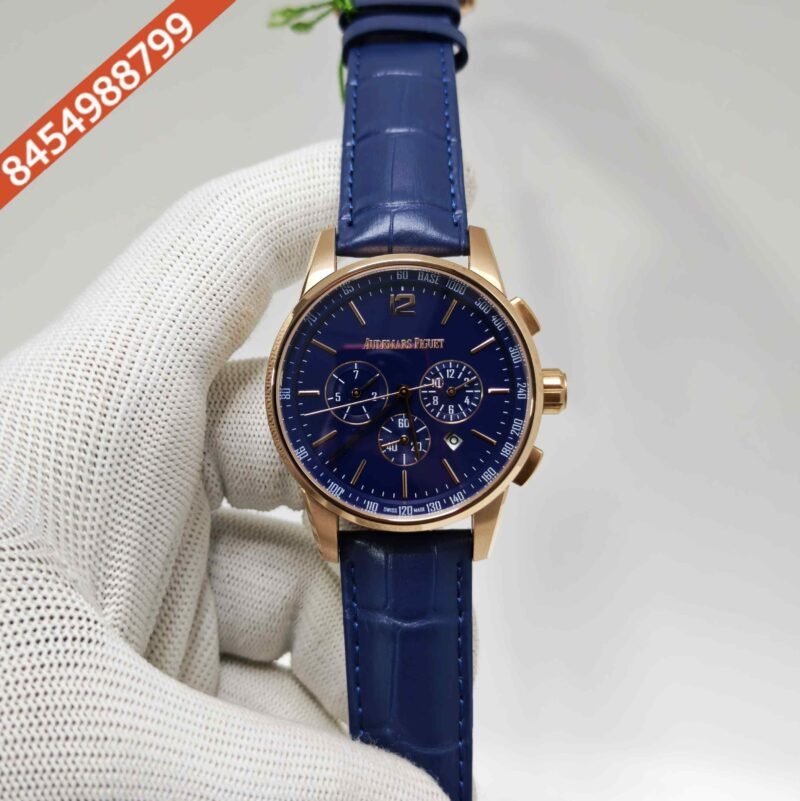 Audemars Piguet Code 11.59 Automatic Chronograph Rose Gold Blue Dial Leather Strap Swiss Automatic Watch