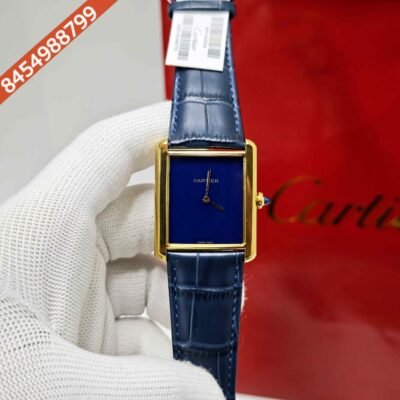 Cartier Tank Solo Gold Blue Dial Leather Strap Swiss watch