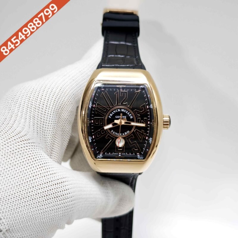Franck Muller Vanguard Yachting Gold Black Dial Leather Strap Swiss Automatic Watch
