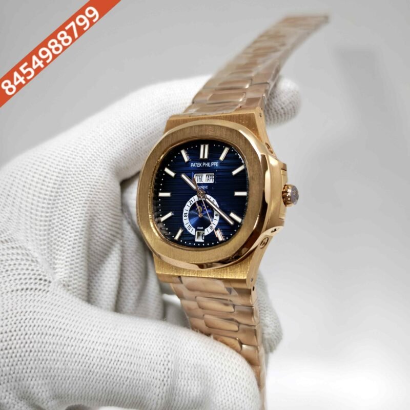Patek Philippe Nautilus Annual Calendar Moon Phase Full Gold Blue Dial Swiss Automatic Watch - Image 2