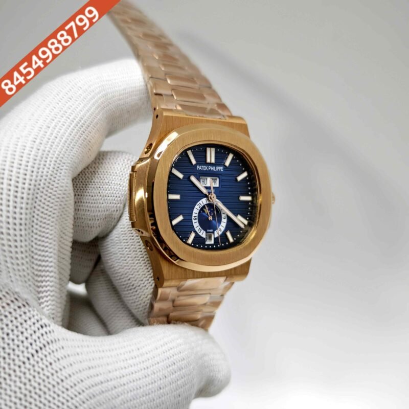 Patek Philippe Nautilus Annual Calendar Moon Phase Full Gold Blue Dial Swiss Automatic Watch - Image 3