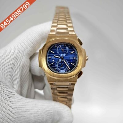 Patek Philippe Nautilus Chronograph Travel Time Blue Dial Full Gold steel Swiss Automatic watch