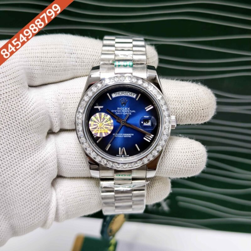 Rolex Day-Date Steel Diamond Bezel Roman Marker Blue Dial Swiss Automatic Watch