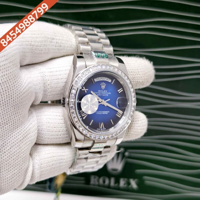 Rolex Day-Date Steel Diamond Bezel Roman Marker Blue Dial Swiss Automatic Watch - Image 3