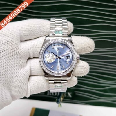 Rolex Day-Date Steel Diamond Bezel Roman Marker Ice Blue Dial Swiss Automatic Watch