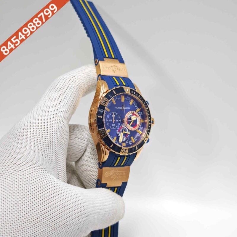 Ulysse Nardin Marine Diver Chronograph Blue Dial Yellow Marking Blue Rubber Swiss Automatic Watch - Image 3