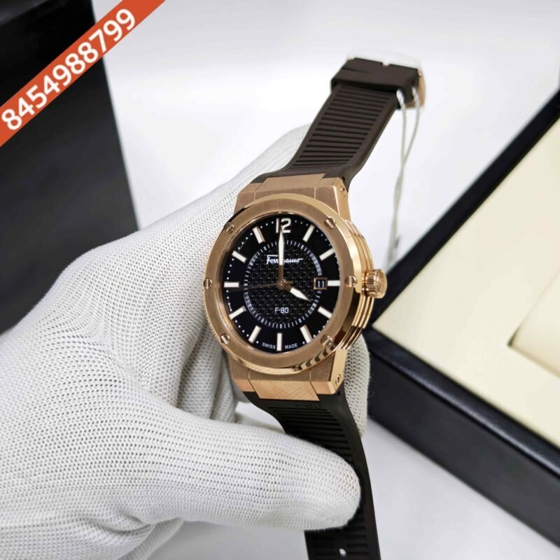 Ferragamo F-80 Golden Rose Gold Brown Dial Brown Rubber Strap Swiss Watch - Image 2