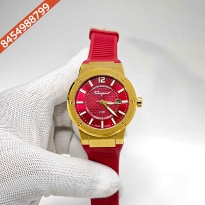 Ferragamo F-80 Golden Steel Red Dial Red Rubber Strap Swiss Watch