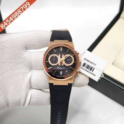 Ferragamo Sapphire Chronograph Rose Gold Black Dial Black Rubber Strap Swiss Watch