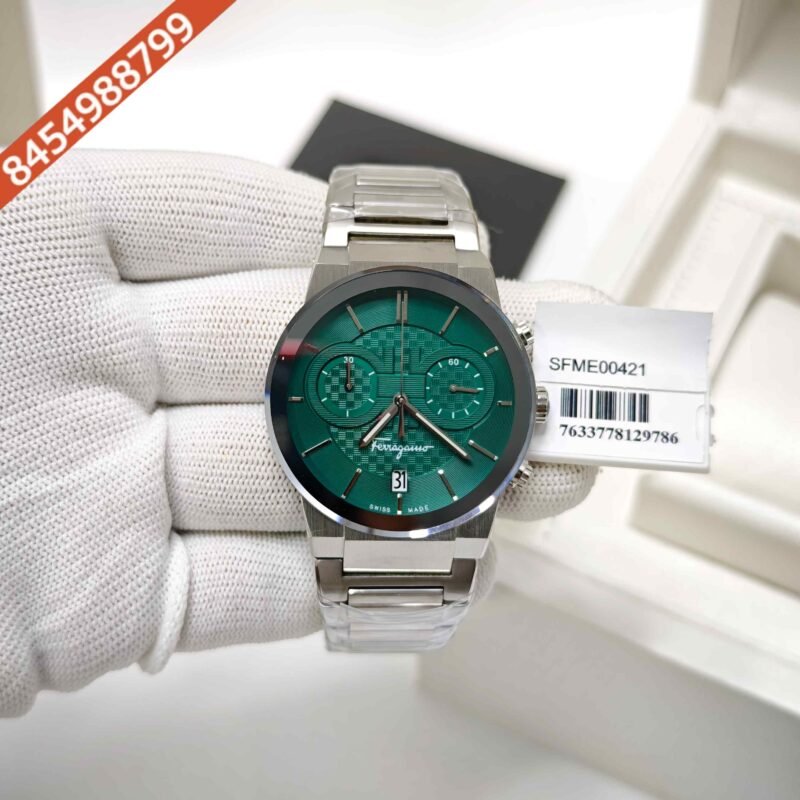 Ferragamo sapphire Chronograph Stainless Steel Green Dial Store Quality Swiss Watch