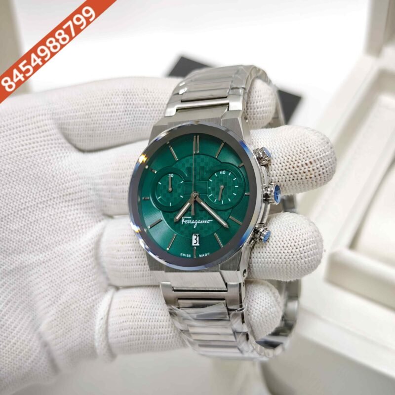 Ferragamo sapphire Chronograph Stainless Steel Green Dial Store Quality Swiss Watch - Image 2