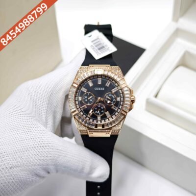 Guess Chronograph Full Diamond Bazel Rose Gold Black Dial Black Rubber Strap Store Quality Swiss Watch