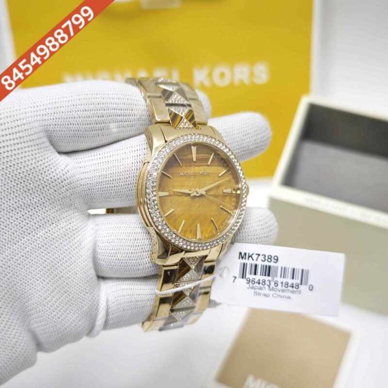 MICHAEL KORS Runway MK7389 Diamond Bazel Golden Yellow Dial Swiss Watch - Image 3