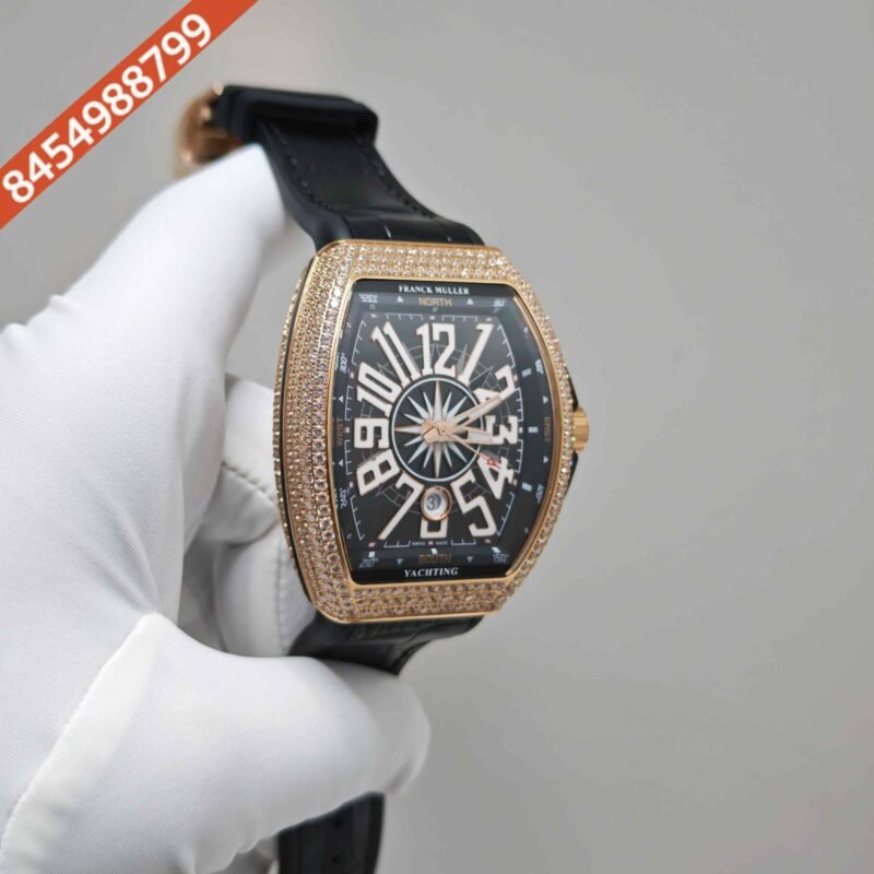 Franck Muller Vanguard Yachting Diamond Case  Black Dial Leather Strap Swiss Automatic Watch - Image 3