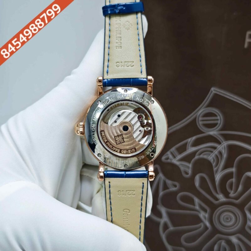 Patek Philippe Geneve Rose Gold Blue Dial Blue Leather strap Swiss Automatic Watch - Image 4