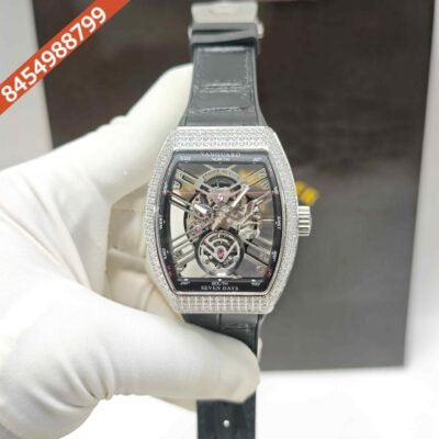 Franck Muller Vanguard Yachting Silver  Diamond Bazel Skeleton Dial Leather Strap Swiss Automatic Watch