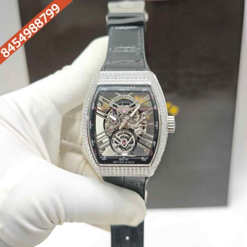 Franck Muller Vanguard Yachting Silver  Diamond Bazel Skeleton Dial Leather Strap Swiss Automatic Watch