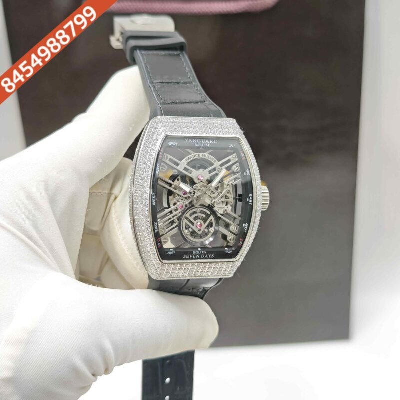 Franck Muller Vanguard Yachting Silver  Diamond Bazel Skeleton Dial Leather Strap Swiss Automatic Watch - Image 3