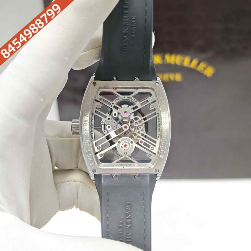 Franck Muller Vanguard Yachting Silver  Diamond Bazel Skeleton Dial Leather Strap Swiss Automatic Watch - Image 4