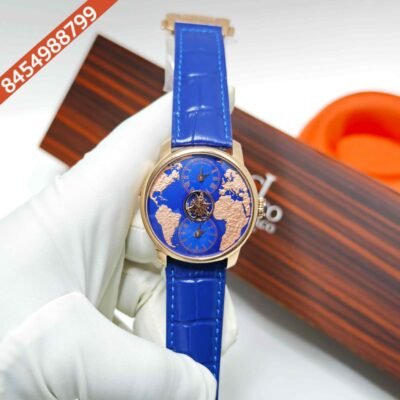 Jacob & Co. The World Is Yours Dual Time Zone Tourbillon Rose Gold Blue Dial Blue Leathher Strap Swiss Automatic Watch