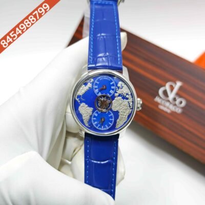 Jacob & Co. The World Is Yours Dual Time Zone Tourbillon Steel Blue Dial Blue Leathher Strap Swiss Automatic Watch