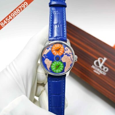 Salman Khan x Jacob & Co. The World Is Yours Dual Time Zone Steel Blue Dial Blue Leather Strap Swiss Automatic Watch
