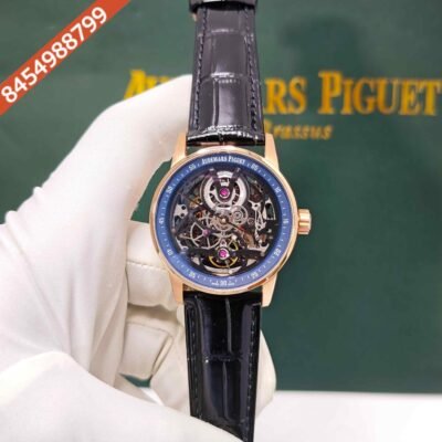 Audemars Piguet Code 11.59 Tourbillon Openheart Rose Gold Skeleton Blue Dial Leather Strap Swiss Semi ETA Automatic Watch