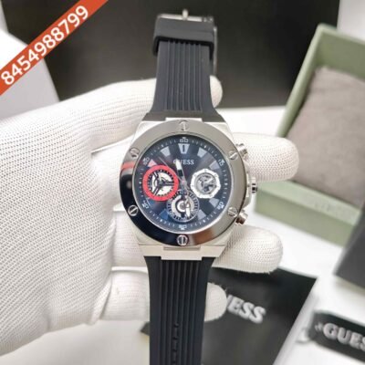 Guess Multi-Function Chronograph Steel Black Dial Black Silicone Strap Swiss Watch