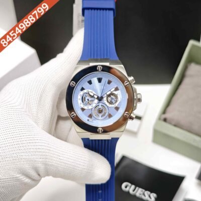 Guess Multi-Function Chronograph Steel Blue Dial Blue Silicone Strap Swiss Watch