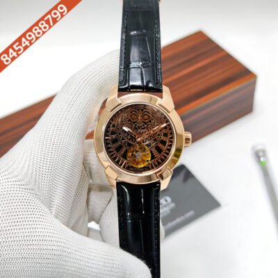 Jacob & Co – Pioneer Aztec Calendar Rose Gold Black Skeleton Dial Black Leather Strap Swiss Automatic Watch