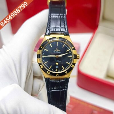 Omega Constellation Co-Axial Master Chronometer Gold Black Dial Black Leather Swiss Automatic Watch