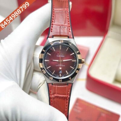 Omega Constellation Co-Axial Master Chronometer Steel Red Dial Red Leather Swiss Automatic Watch