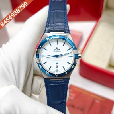 Omega Constellation Co-Axial Master Chronometer Steel White Dial Blue Leather Swiss Automatic Watch