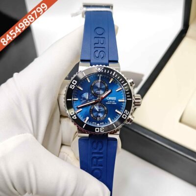 Oris Aquis Chronograph 50 BAR Steel Blue Dial Rubber Strap Swiss Watch