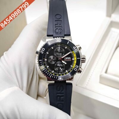 Oris Aquis Depth Gauge Chronograph Steel Black Dial Black Rubber strap Swiss Watch