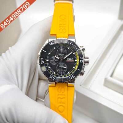 Oris Aquis Depth Gauge Chronograph Steel Black Dial Yellow Rubber strap Swiss Watch